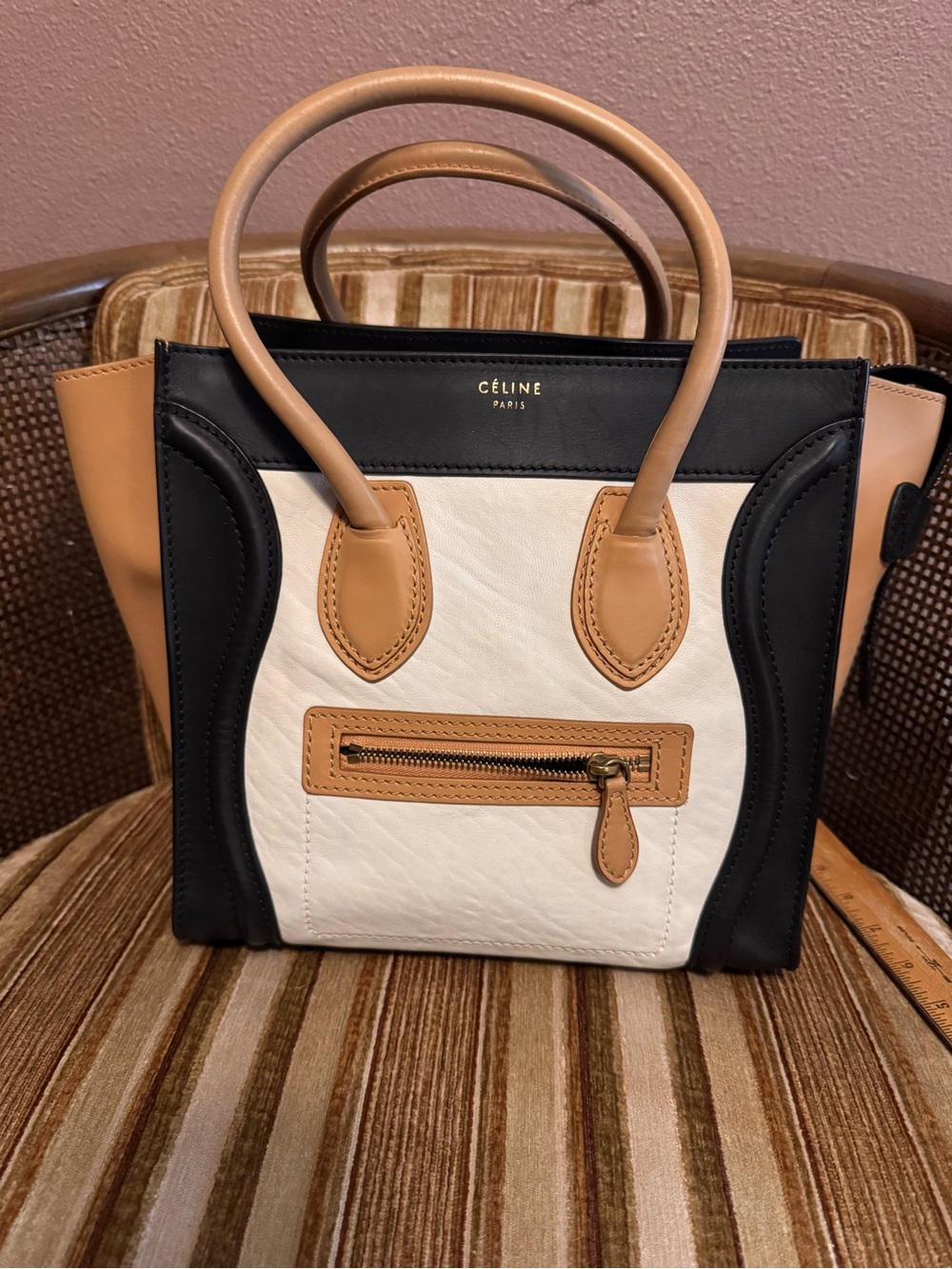 Celine Tri-Color Mini Luggage Tote - Black, White & Tan